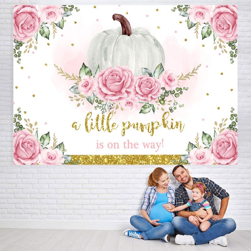 Lofaris Pink Floral Pumpkin On The Way Backdrop for Baby Shower
