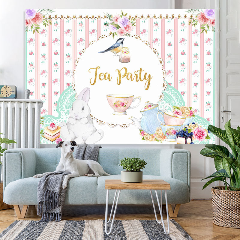 Lofaris Pink Floral Rabbit Bird Cup Tea Party Theme Backdrop