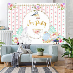 Lofaris Pink Floral Rabbit Bird Cup Tea Party Theme Backdrop