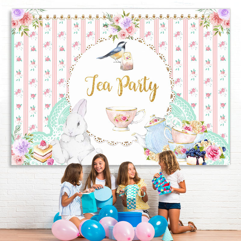 Lofaris Pink Floral Rabbit Bird Cup Tea Party Theme Backdrop