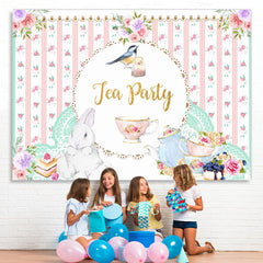 Lofaris Pink Floral Rabbit Bird Cup Tea Party Theme Backdrop