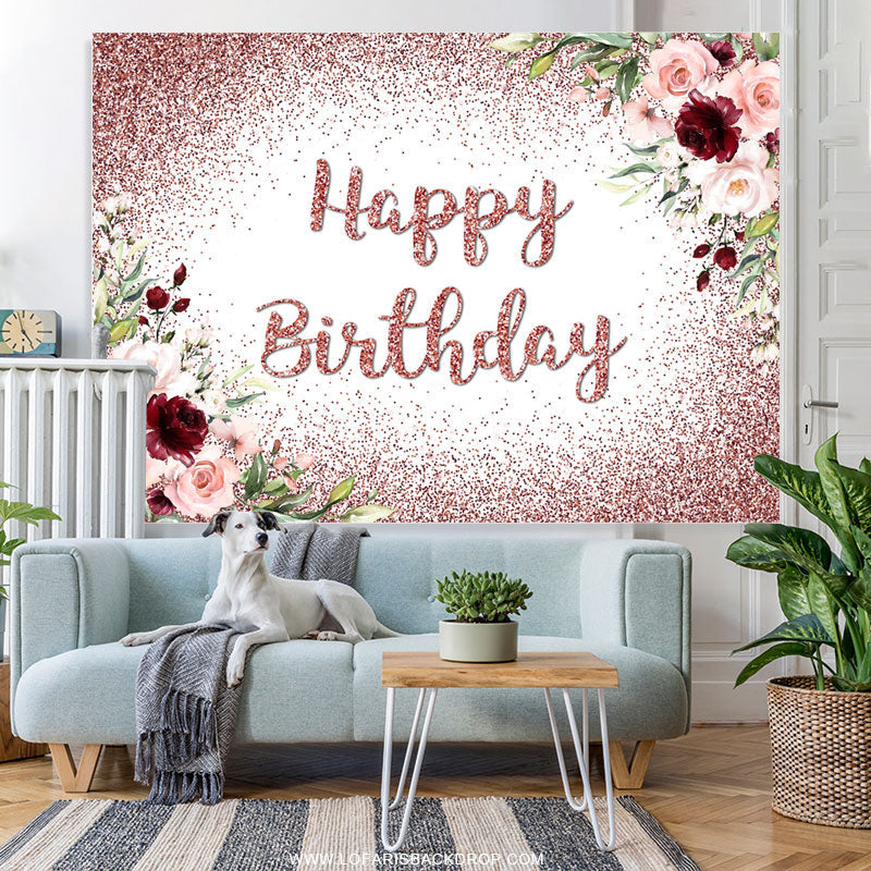 Lofaris Pink Floral Red Glitter Backdrop For Happy Birthday