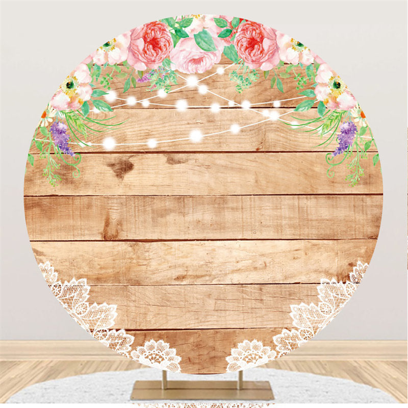 Lofaris Pink Floral Round Wood Backdrop For Happy Birthday