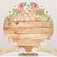 Lofaris Pink Floral Round Wood Backdrop For Happy Birthday