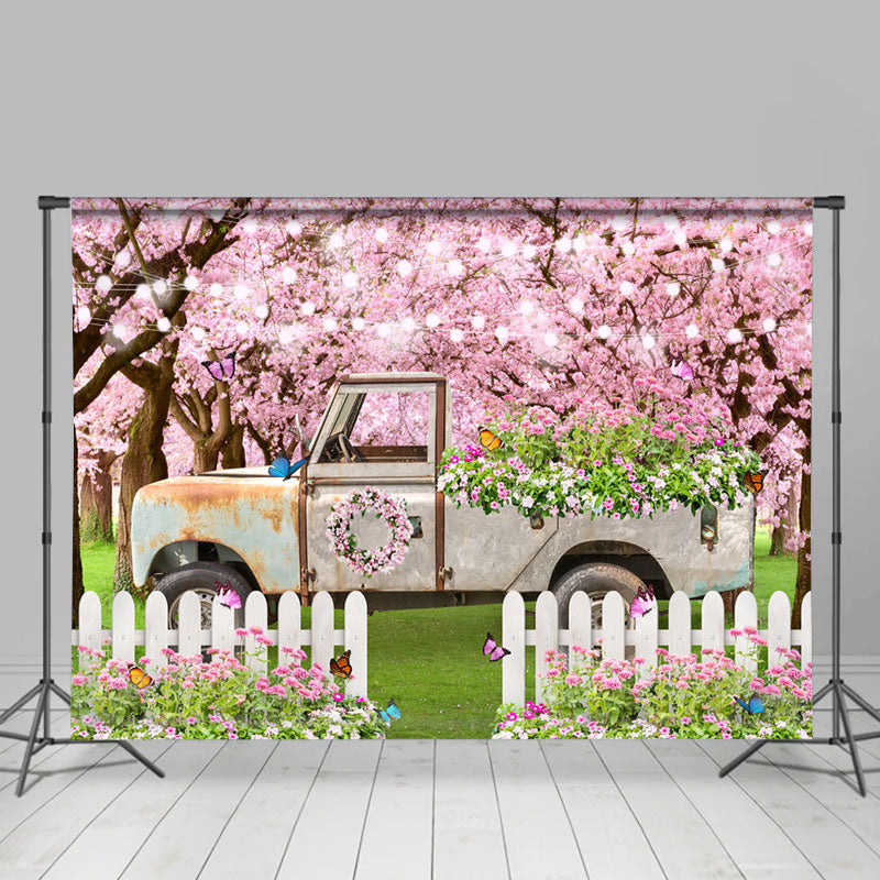 Lofaris Pink Floral Tree White Truck Grass Spring Backdrop