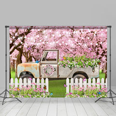 Lofaris Pink Floral Tree White Truck Grass Spring Backdrop