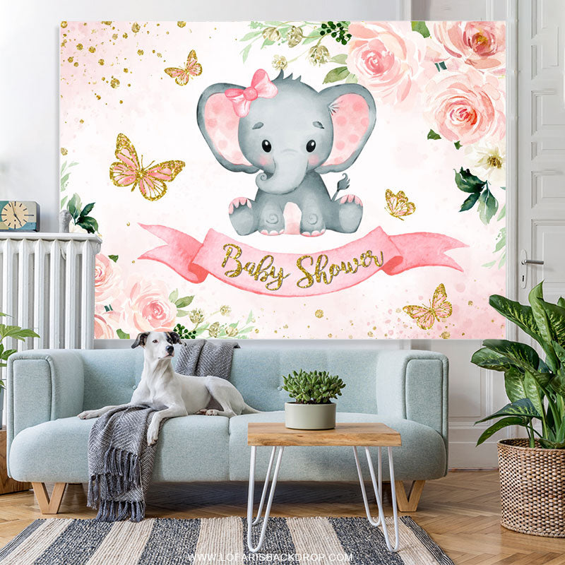 Lofaris Pink Flower And Butterfly Elephant Baby Shower Backdrop
