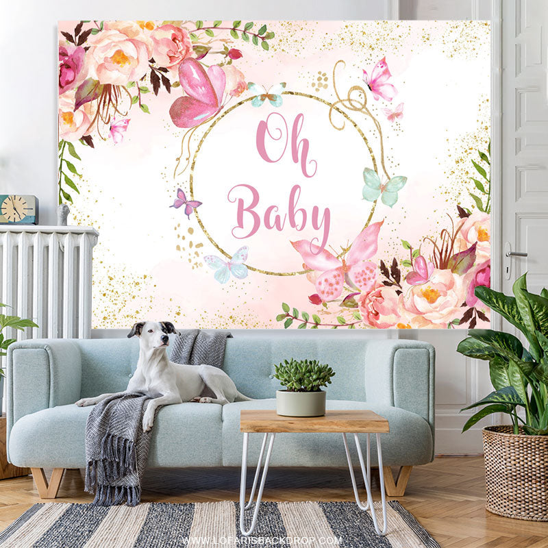 Lofaris Pink Flower And Butterfly Girl Baby Shower Backdrop