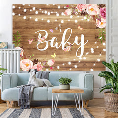Lofaris Pink Flower and Fairy Lights Wood Baby Shower Backdrop