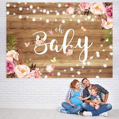 Lofaris Pink Flower and Fairy Lights Wood Baby Shower Backdrop