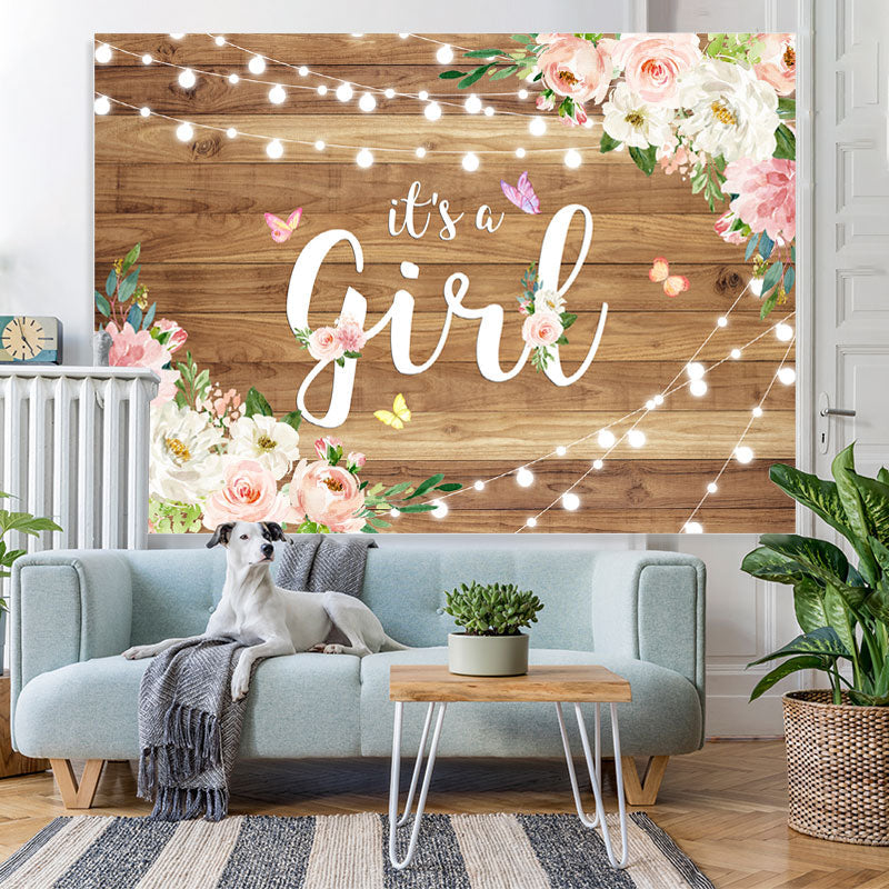 Lofaris Pink Flower and Flying Butterfly Baby Shower Backdrop