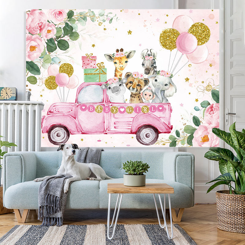 Lofaris Pink flower animal balloon girl birthday Backdrop