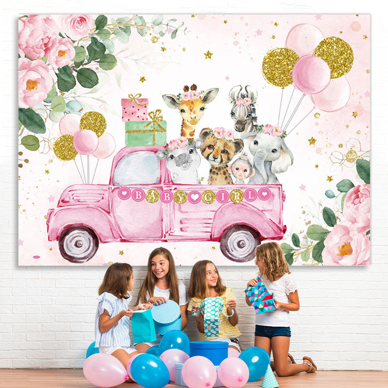 Lofaris Pink flower animal balloon girl birthday Backdrop