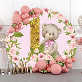Lofaris Pink Flower Bear Birthday Round Backdrop For Party