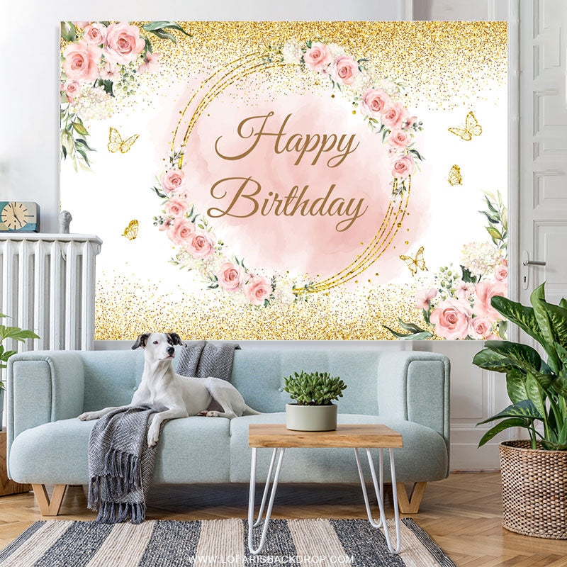 Lofaris Pink Flower Gold Butterfly Happy Birthday Backdrop