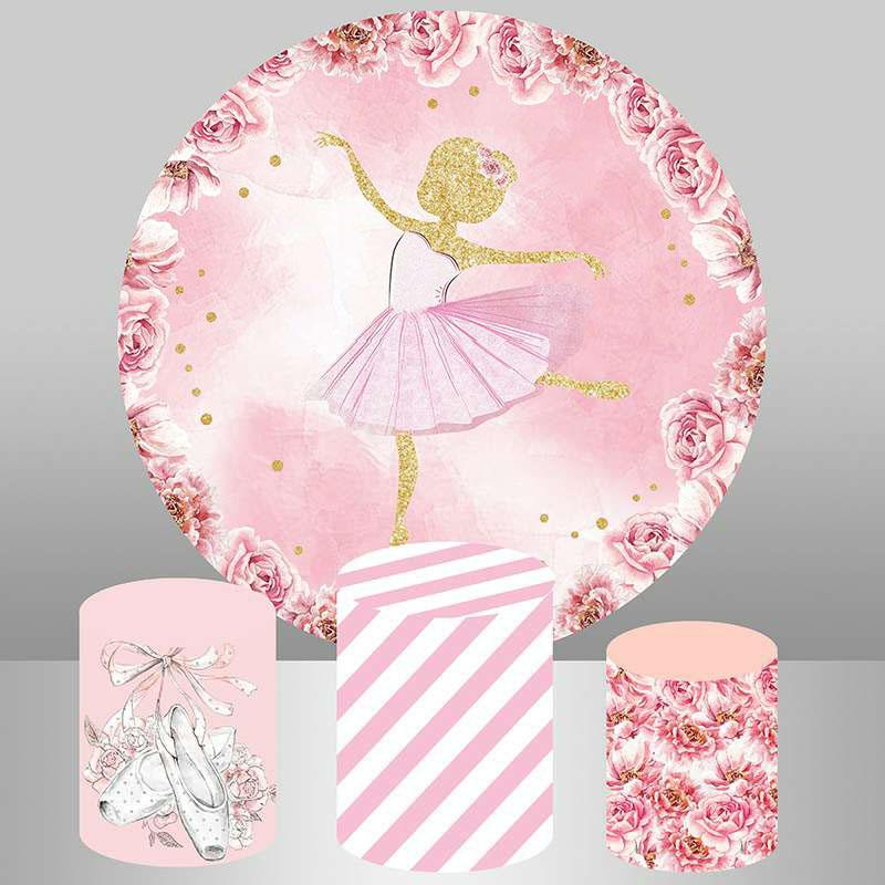 Lofaris Pink Flower Gold Round Happy Birthday Backdrop For Girl