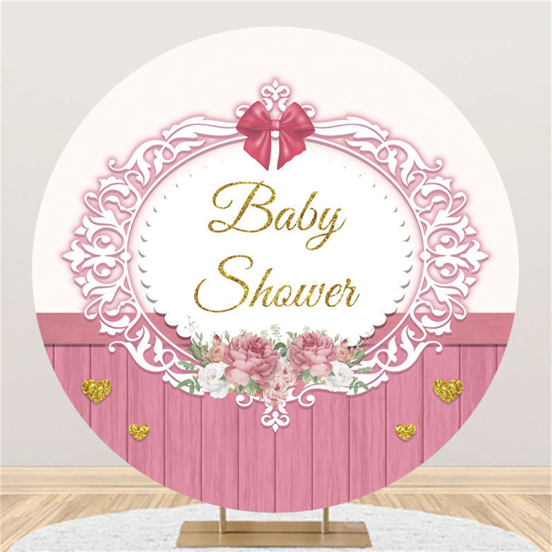 Lofaris Pink Flower Stripe Wooden Baby Shower Round Backdrop