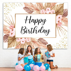 Lofaris Pink Flowers And Glitter Dots Happy Birthday Backdrop