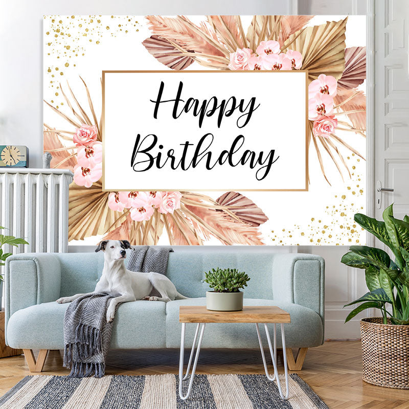 Lofaris Pink Flowers And Glitter Dots Happy Birthday Backdrop