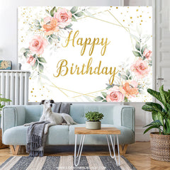 Lofaris Pink Flowers And Glitter Gold Happy Birthday Backdrop