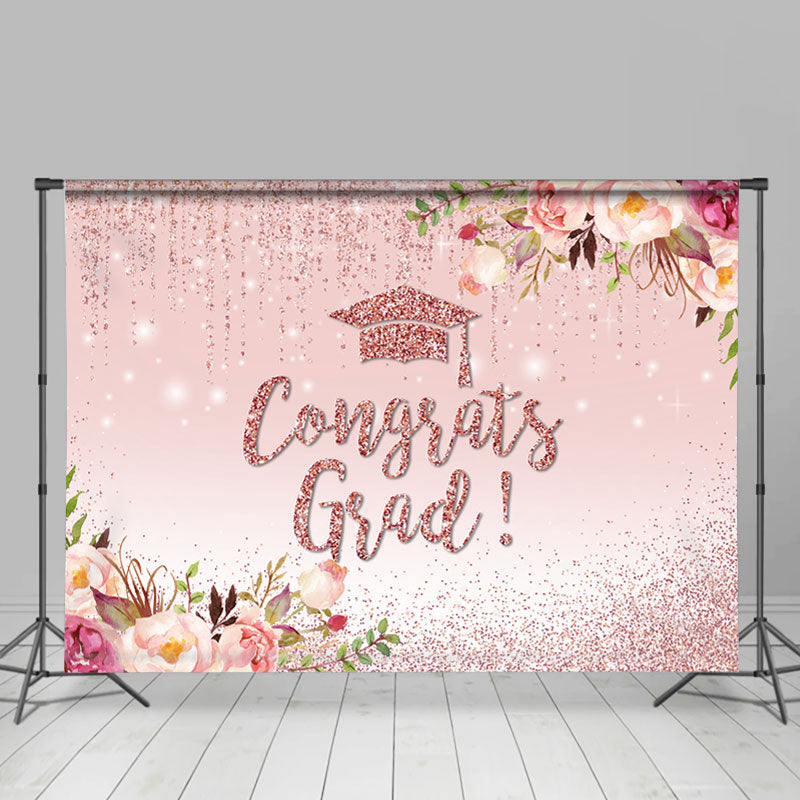 Lofaris Pink Flowers And Glitter Theme Congratsgrad Backdrop