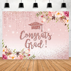 Lofaris Pink Flowers And Glitter Theme Congratsgrad Backdrop