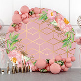 Lofaris Pink Flowers And Leaves Golden Lines Round Backdrop