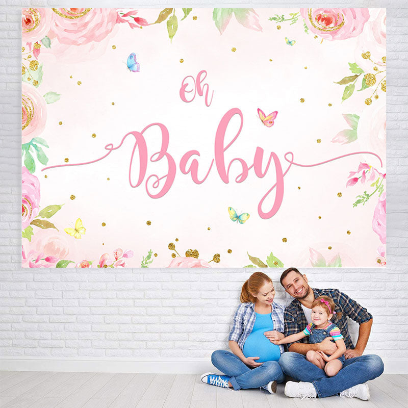 Lofaris Pink Flowers Butterfly Baby Shower Backdrop For Girl