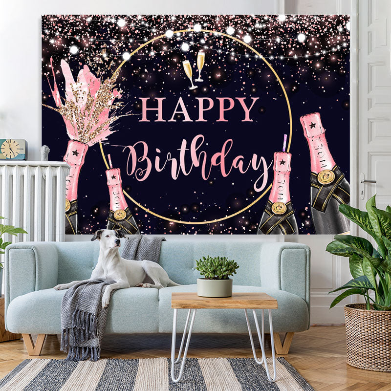 Lofaris Pink Glitter and Champagne Happy Birthday Backdrop