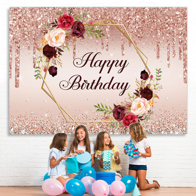 Lofaris Pink Glitter And Floral Happy Birthday Party Backdrop