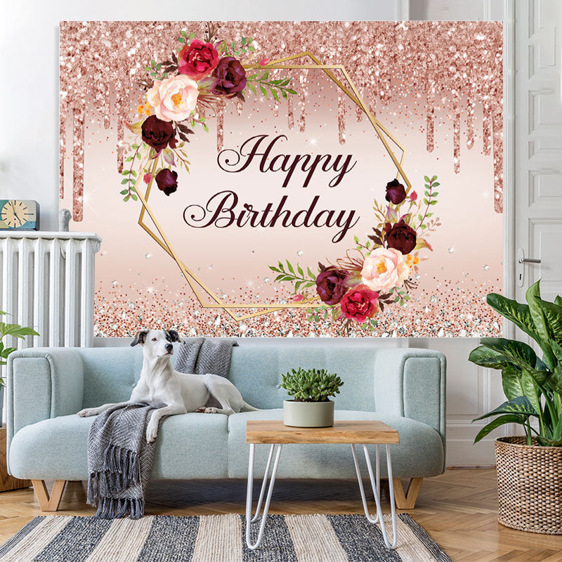 Lofaris Pink Glitter And Floral Happy Birthday Party Backdrop