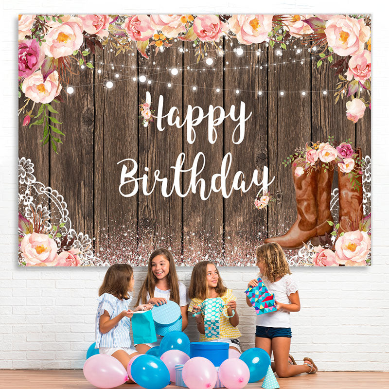 Lofaris Pink Glitter Floral Wooden Happy Birthday Backdrop