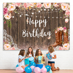 Lofaris Pink Glitter Floral Wooden Happy Birthday Backdrop