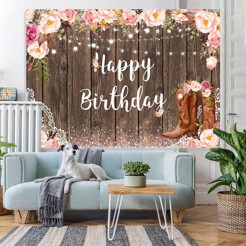 Lofaris Pink Glitter Floral Wooden Happy Birthday Backdrop