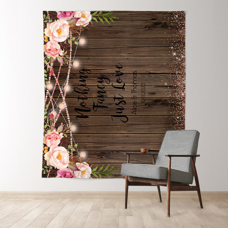 Lofaris Pink Glitter Flowers Wooden Theme Wedding Backdrop