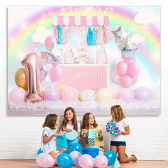 Lofaris Pink Glitter Sweet Balloon Rainbow 1St Birthday Backdrop