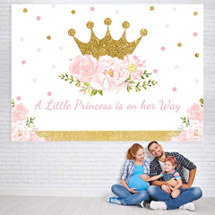 Lofaris Pink Gold Crown Flowers Baby Shower Backdrop for Girl