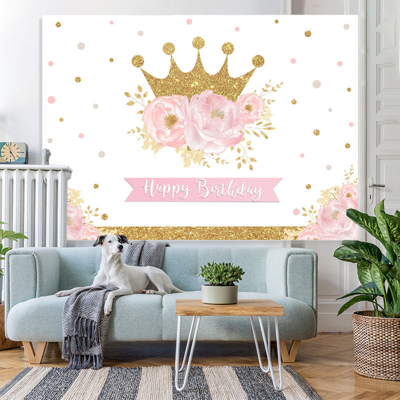 Lofaris Pink Gold Floral Crown Happy Birthday Party Backdrop for Girl