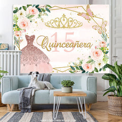 Lofaris Pink Gold Flower Butterfly Happy 15Th Birthday Backdrop