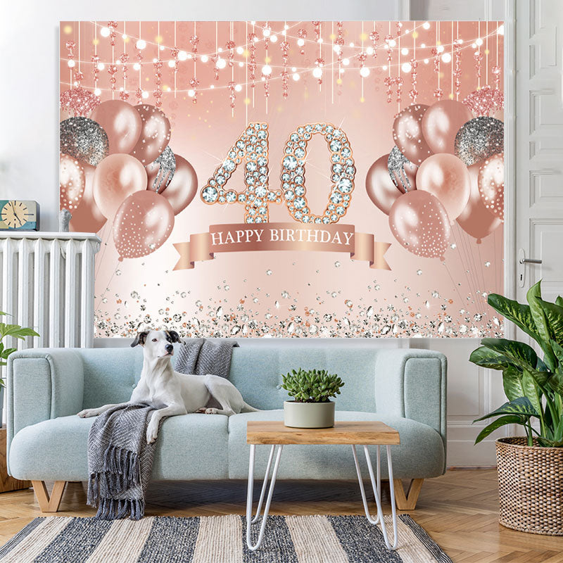 Lofaris Pink Happy 40th Birthday Sparkle Balloon Diamonds Backdrop for Women