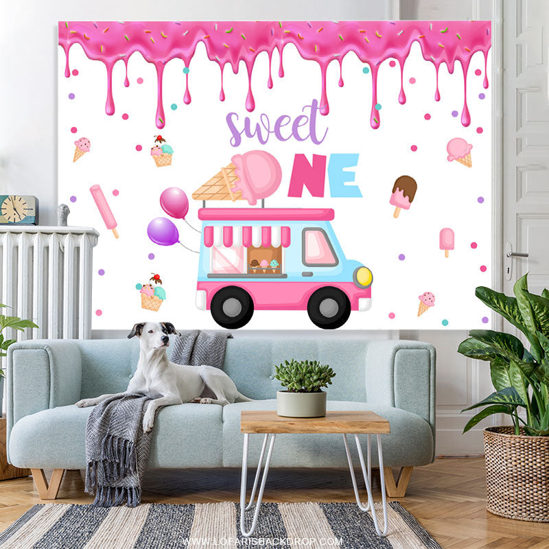 Lofaris Pink Ice Cream Bus Sweet 1st Happy Birthday Bakdrop