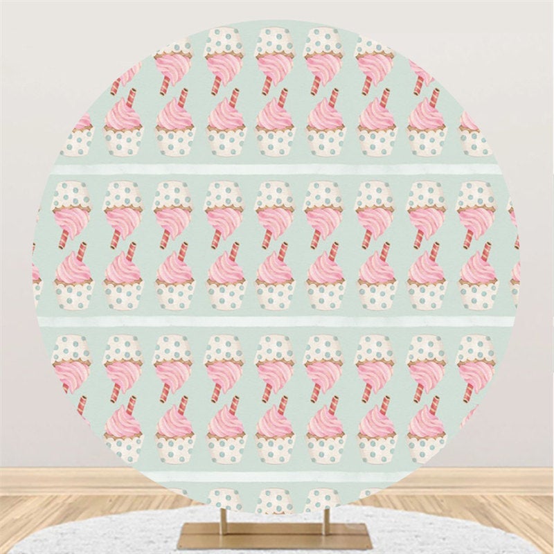 Lofaris Pink Ice Cream Round Green Birthday Backdrop For Kids