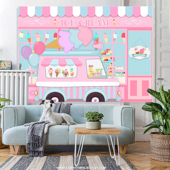 Lofaris Pink Ice Cream Truck Shop Birthday Party Backdrop