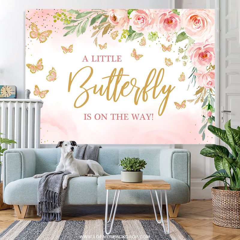 Lofaris Pink Little Butterfly Flowers Baby Shower Backdrop