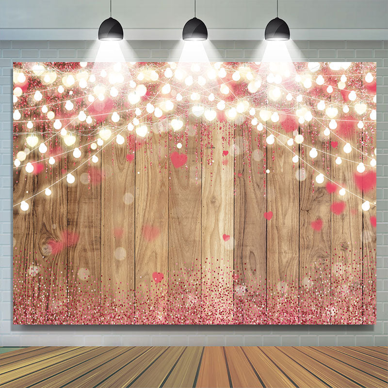 Lofaris Pink Love Glitter Bokeh Light Wood Valentines Backdrop