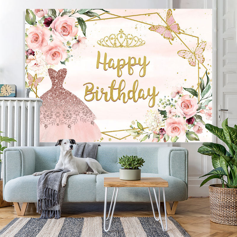 Lofaris Pink Princess Dress and Butterfly Birthday Backdrop