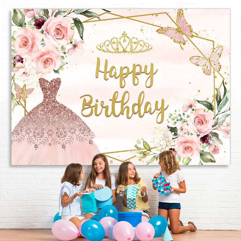 Lofaris Pink Princess Dress and Butterfly Birthday Backdrop