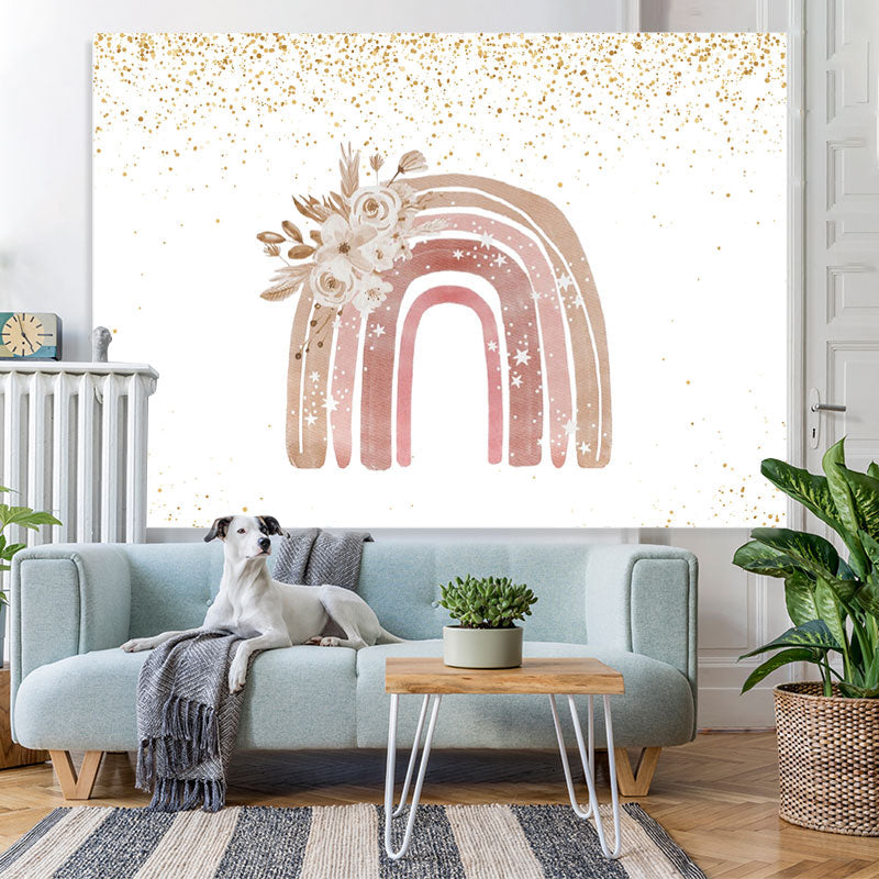 Lofaris Pink Rainbow Floral Golden Glitter Backdrop for Girl