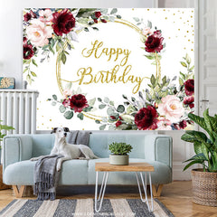 Lofaris Pink Red Floral Glitter Happy Birthday Party Backdrop