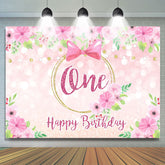 Lofaris Pink Rose and Bow Happy 1st Birthday Backdrop for Girl